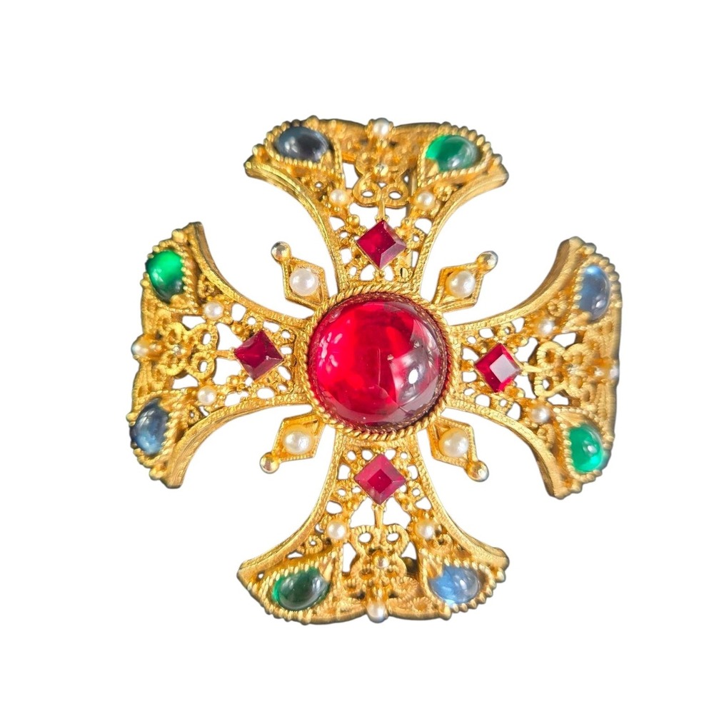 Maltese Cross Brooch Pendant Goldtone‎ Gripoix Glass Emerald Pearl Open Back Vtg